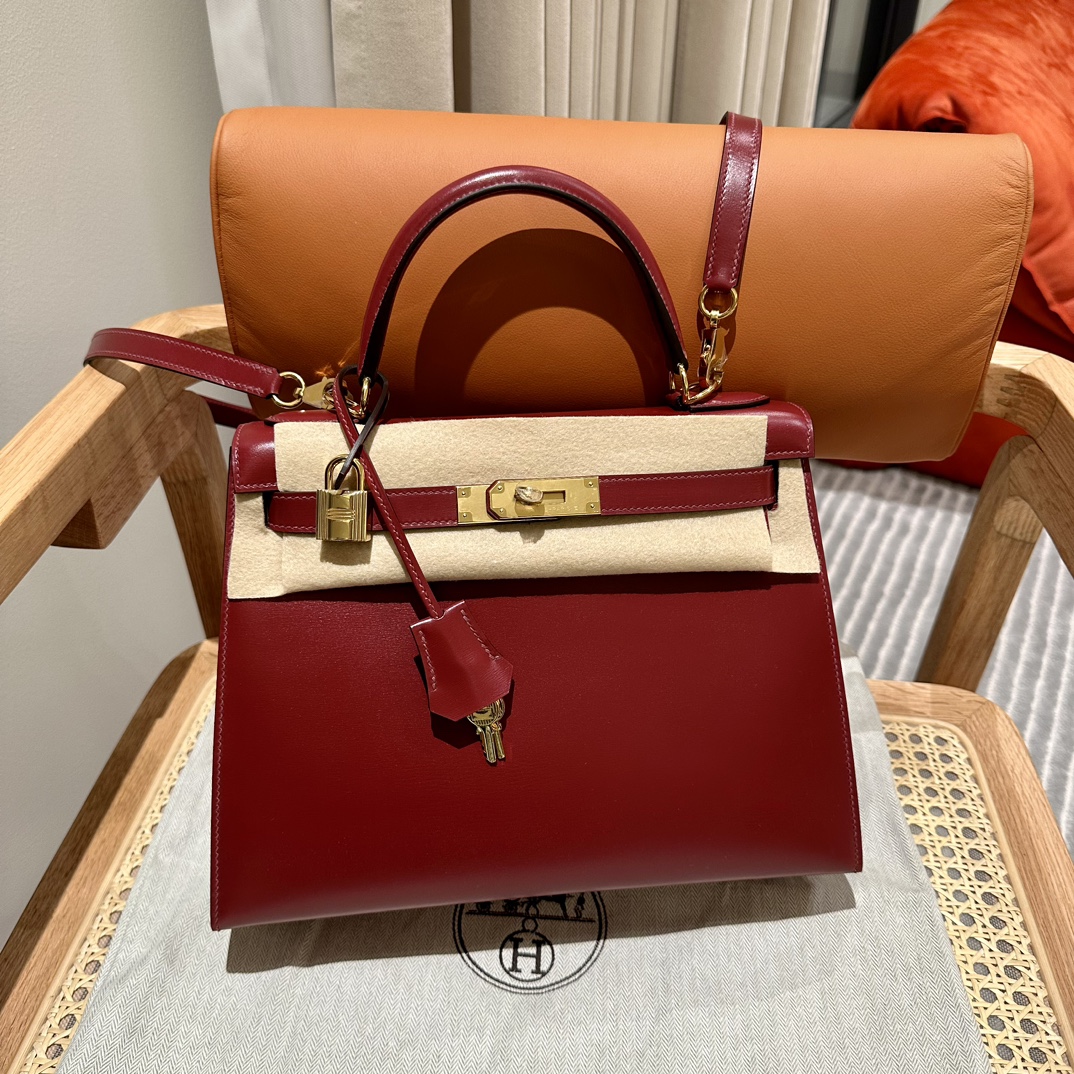 Hermes Kelly 25cm Handbag Shoulder Bag in Bordeaux Box Leather